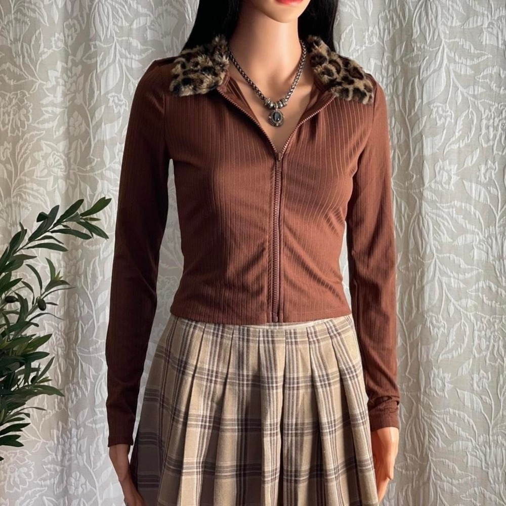 NWOT Derek Heart Brown Faux Fur Collar Zip Top Indie Grunge Clueless Size S - Picture 2 of 8